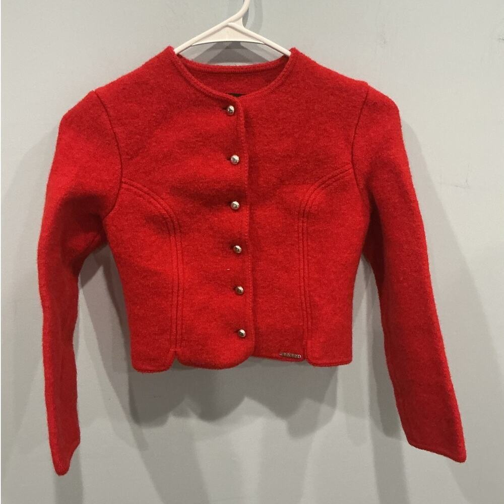 Geiger Tyrol Womens Boiled Wool Cardigan Size 38 M‎ Red Austria Romantic Cottage